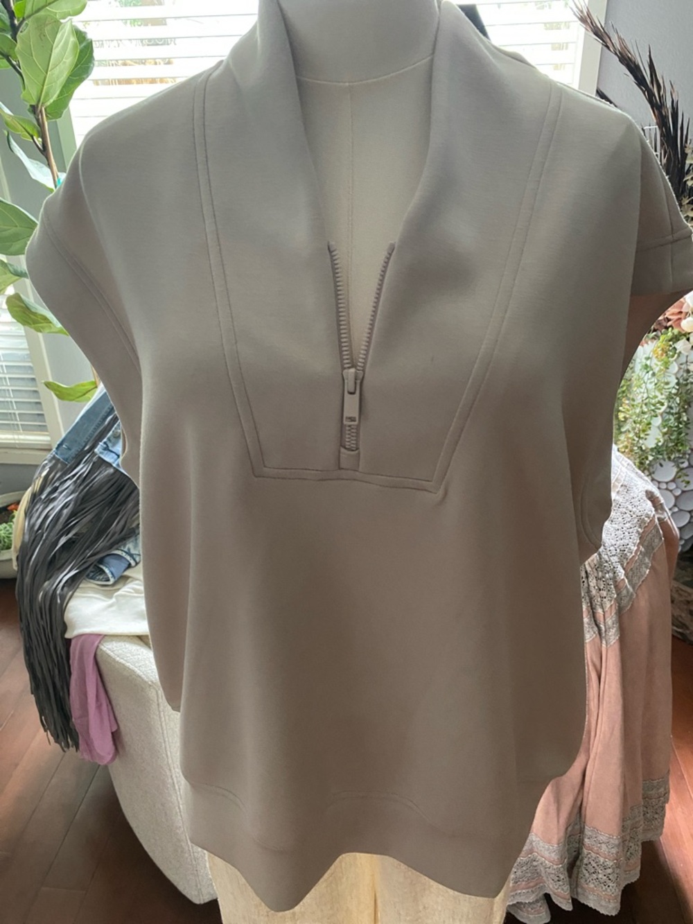 Sleeveless Zip-Neck Top in Taupe